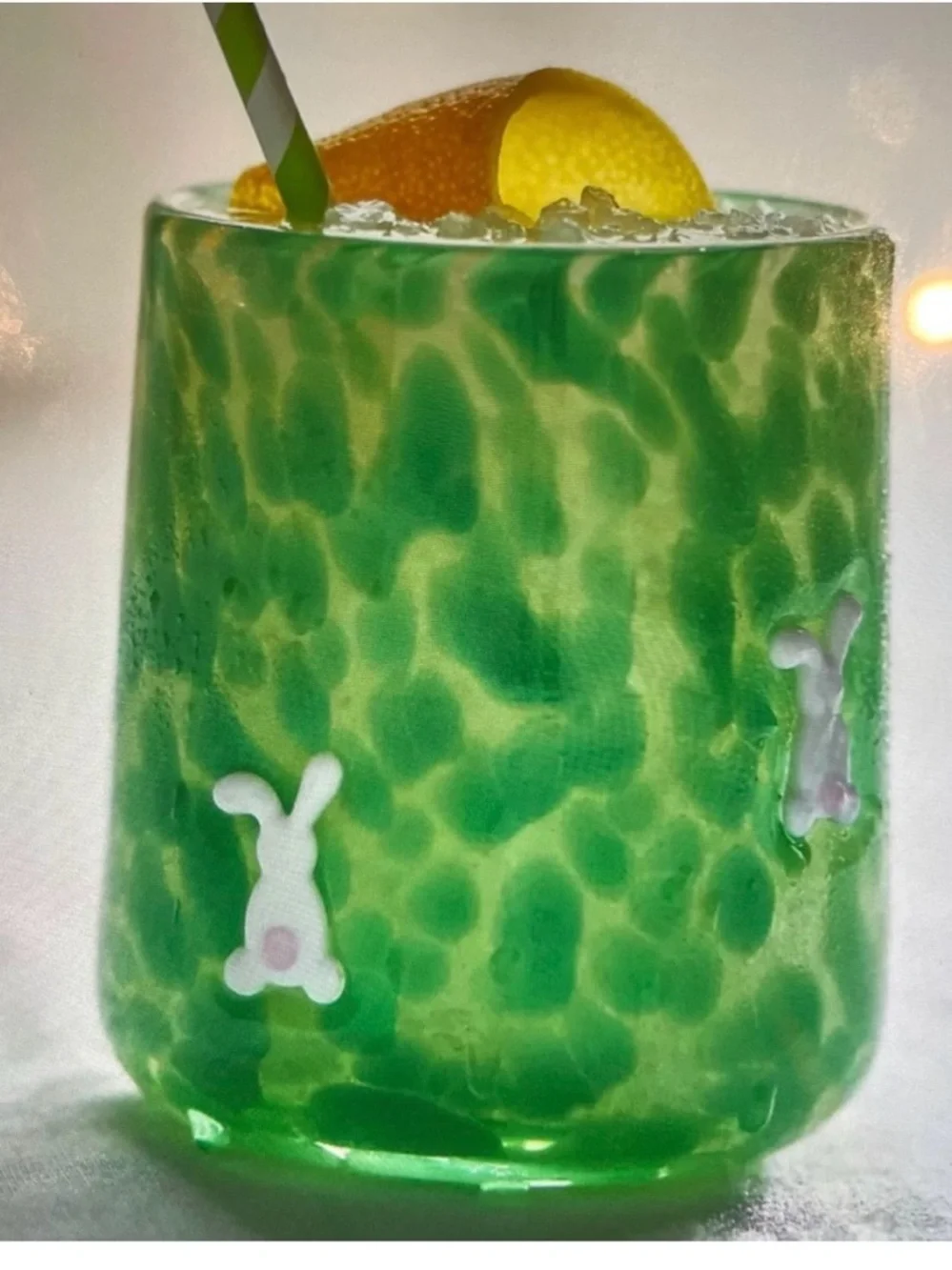 Anthropologie Icon Confetti Green Bunny Pattern Glass Tumbler NEW